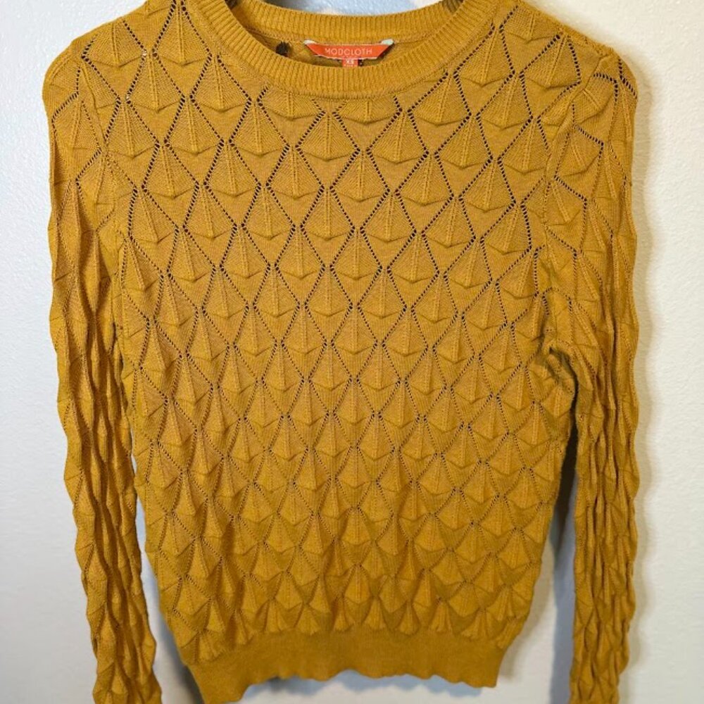 Modcloth Mustard Gold Pointelle Geometric Cotton Blend Sweater XS
